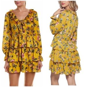 NWT Avec Les Filles Yellow Floral Ruffled Dress